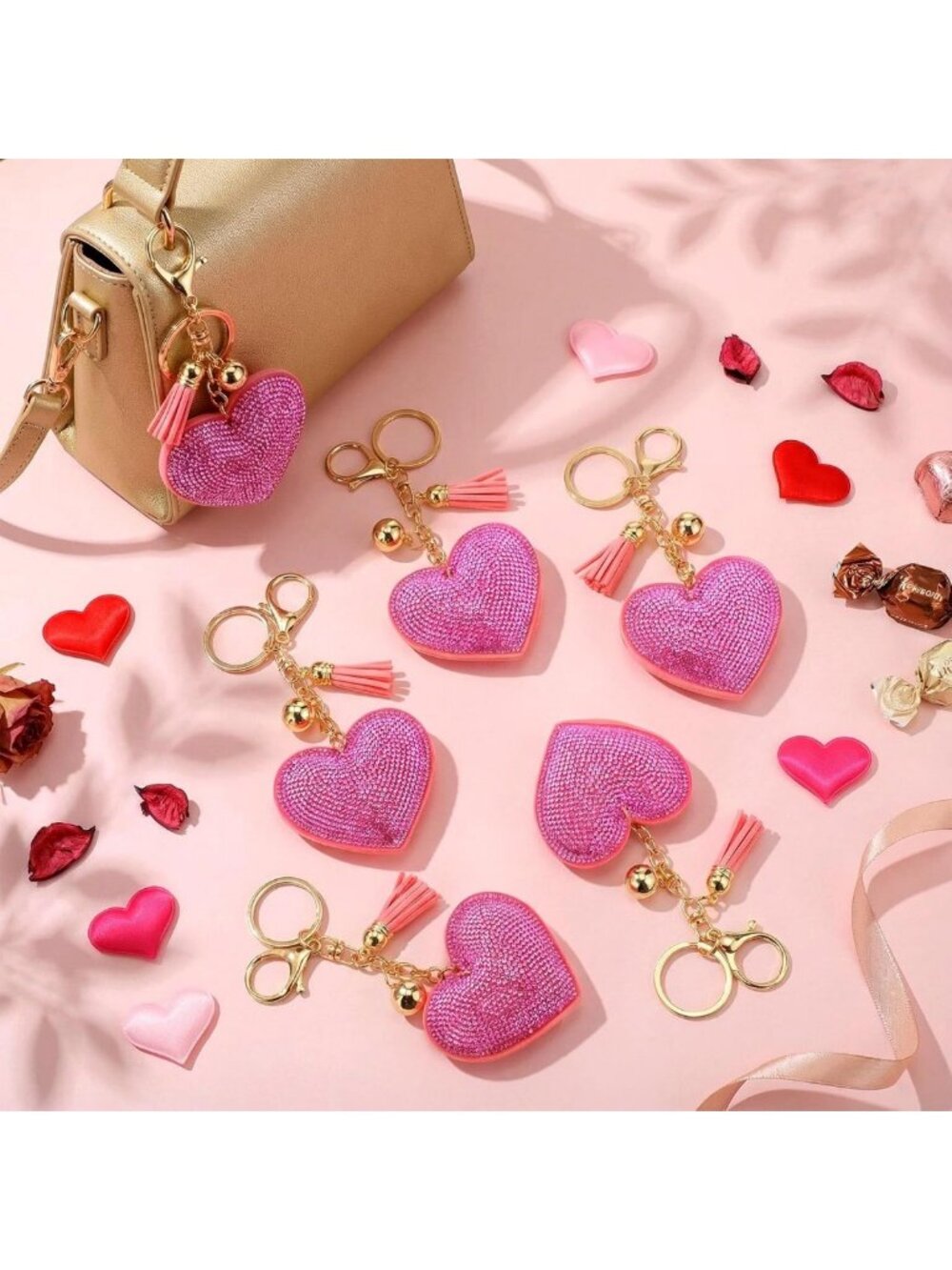 30 Pcs Valentine's Heart Keychains Set - Glitter Rhinestone Bling Key Rings for - Picture 4 of 7